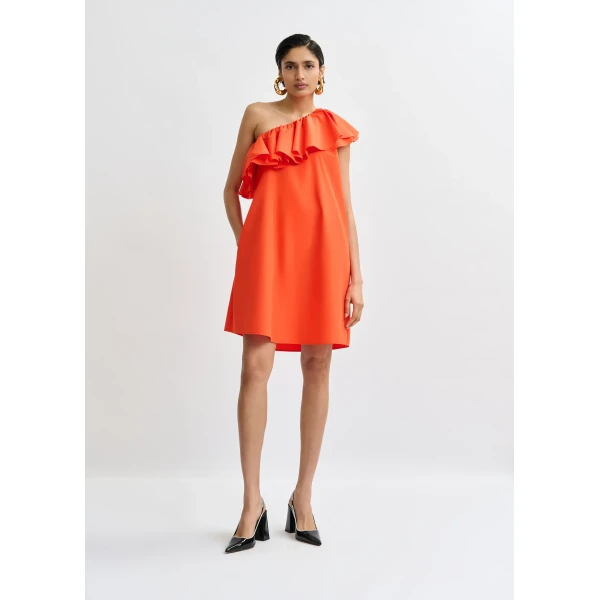 Essentiel Antwerp Orange one-shoulder mini dress with ruffle details, view 3