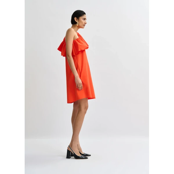 Essentiel Antwerp Orange one-shoulder mini dress with ruffle details, view 4
