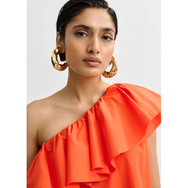 Essentiel Antwerp Orange one-shoulder mini dress with ruffle details, view 6