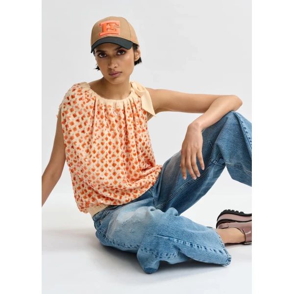 Essentiel Antwerp Orange sequin-embellished asymmetric top with neck-tie ribbon, view 2