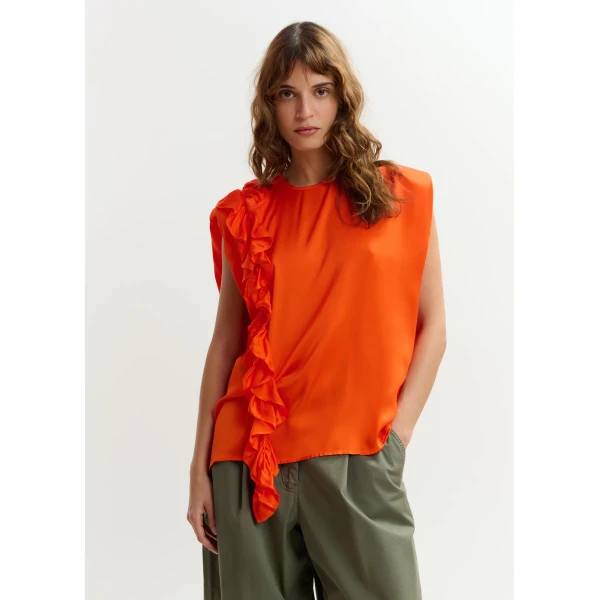 Essentiel Antwerp Orange sleeveless top with ruffle detail, view 3