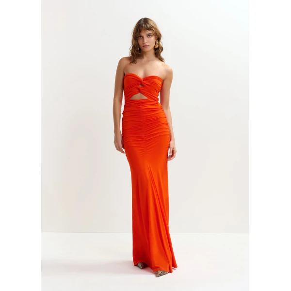 Essentiel Antwerp Orange strapless maxi dress with sculpted ruching and a subtle cut-out detail, view 3