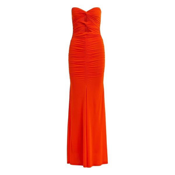 Orange strapless maxi dress with sculpted ruching and a subtle cut-out detail