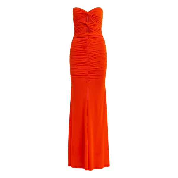 Essentiel Antwerp Orange strapless maxi dress with sculpted ruching and a subtle cut-out detail