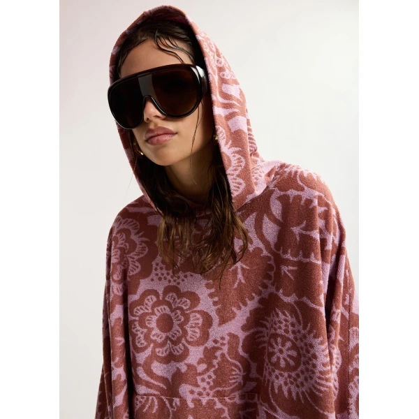 Essentiel Antwerp Pink and brown floral jacquard cotton-blend midi dress with hood, view 6