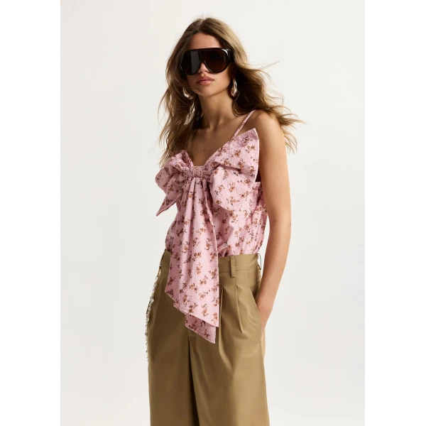 Essentiel Antwerp Pink and brown floral print cotton top with bow detail, view 2