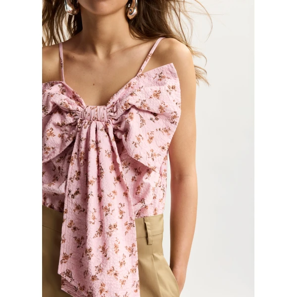Essentiel Antwerp Pink and brown floral print cotton top with bow detail, view 4