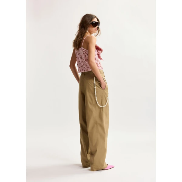 Essentiel Antwerp Pink and brown floral print cotton top with bow detail, view 6