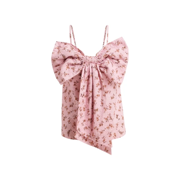 Essentiel Antwerp Pink and brown floral print cotton top with bow detail