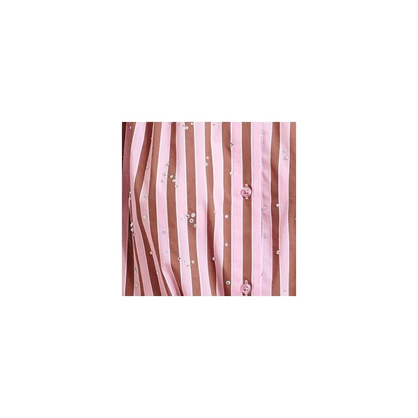 Essentiel Antwerp Pink and brown striped midi-length dress with mandarin collar and rhinestone embellishments, view 2