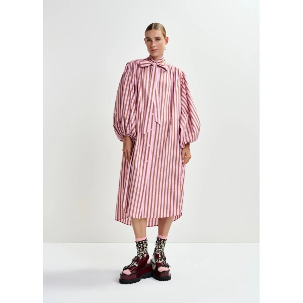 Essentiel Antwerp Pink and brown striped midi-length dress with mandarin collar and rhinestone embellishments, view 3