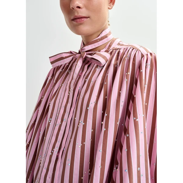Essentiel Antwerp Pink and brown striped midi-length dress with mandarin collar and rhinestone embellishments, view 4