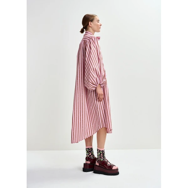 Essentiel Antwerp Pink and brown striped midi-length dress with mandarin collar and rhinestone embellishments, view 5