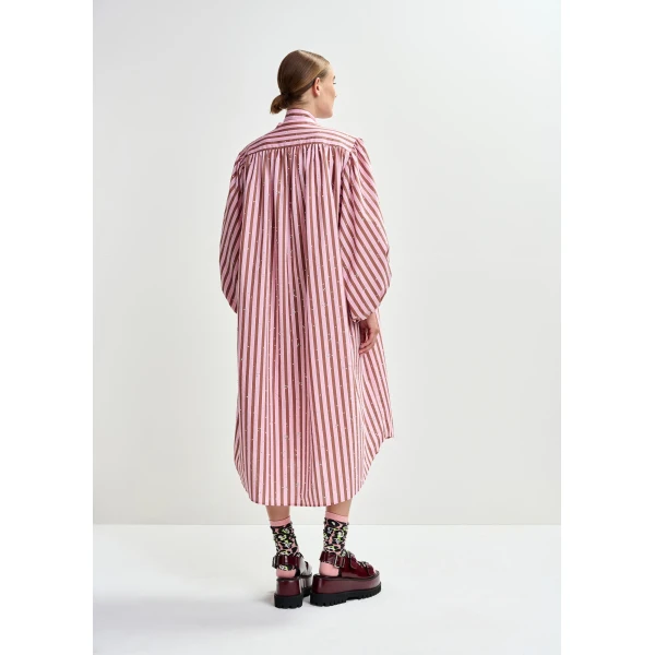 Essentiel Antwerp Pink and brown striped midi-length dress with mandarin collar and rhinestone embellishments, view 6