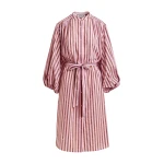 Essentiel Antwerp Pink and brown striped midi-length dress with mandarin collar and rhinestone embellishments