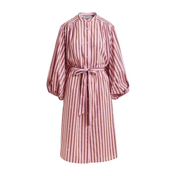 Essentiel Antwerp Pink and brown striped midi-length dress with mandarin collar and rhinestone embellishments