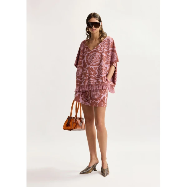 Essentiel Antwerp Pink and brown textured floral jacquard cotton-blend top with fringed trims, view 3