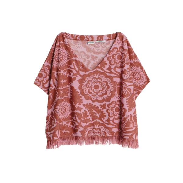 Essentiel Antwerp Pink and brown textured floral jacquard cotton-blend top with fringed trims