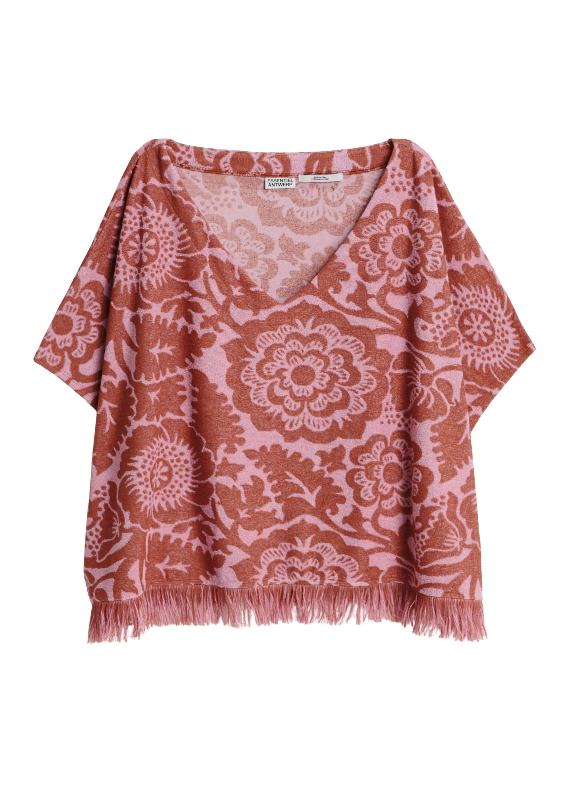 Essentiel Antwerp Pink and brown textured floral jacquard cotton-blend top with fringed trims