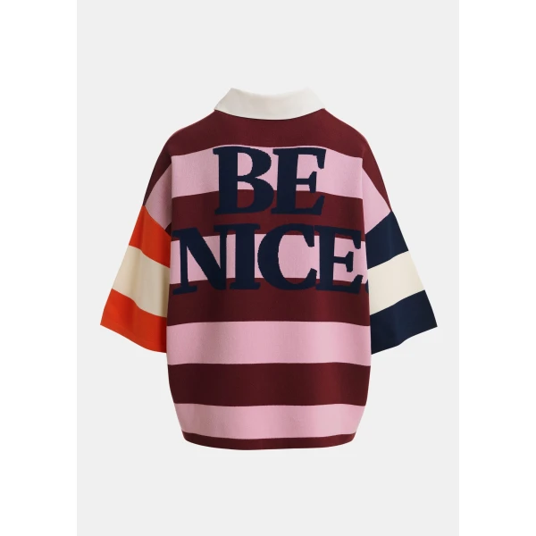 Essentiel Antwerp Pink and burgundy striped polo sweater with Peanuts™ patch and text, view 2