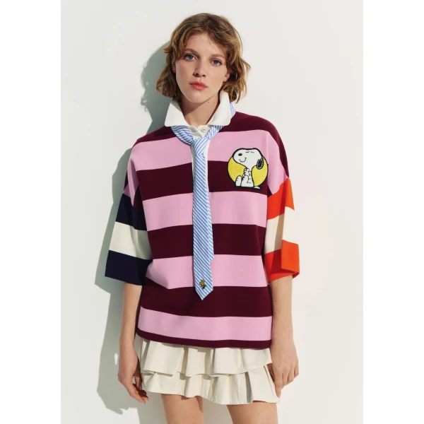Essentiel Antwerp Pink and burgundy striped polo sweater with Peanuts™ patch and text, view 3