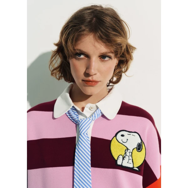 Essentiel Antwerp Pink and burgundy striped polo sweater with Peanuts™ patch and text, view 4