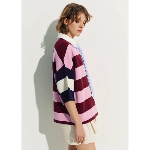 Essentiel Antwerp Pink and burgundy striped polo sweater with Peanuts™ patch and text, view 5