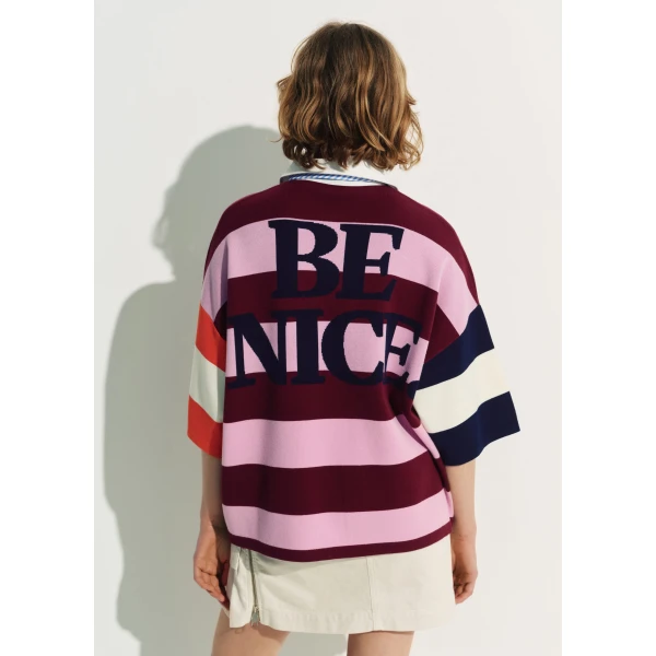 Essentiel Antwerp Pink and burgundy striped polo sweater with Peanuts™ patch and text, view 6