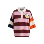 Essentiel Antwerp Pink and burgundy striped polo sweater with Peanuts™ patch and text