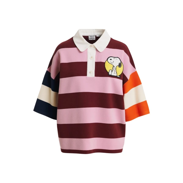 Essentiel Antwerp Pink and burgundy striped polo sweater with Peanuts™ patch and text