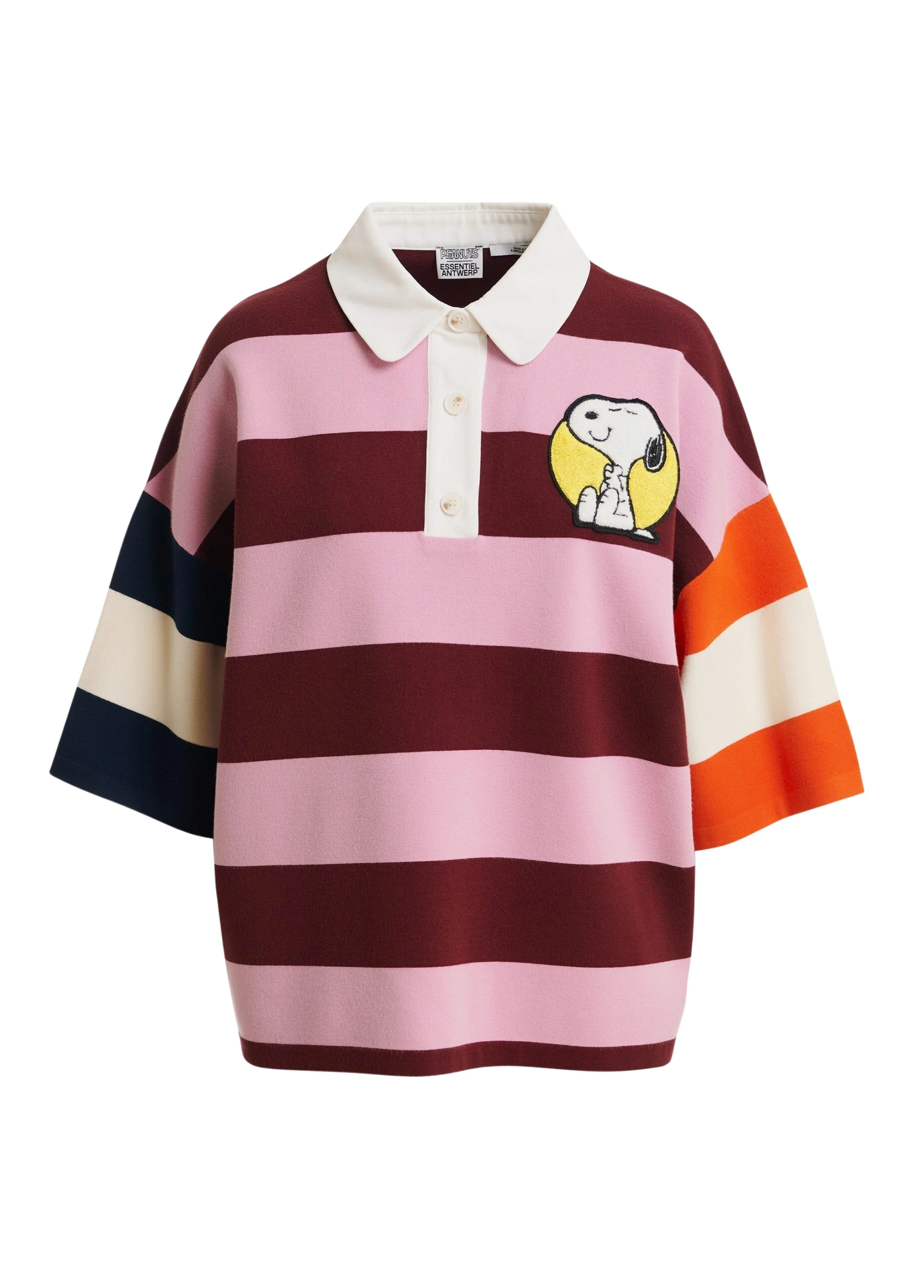 Essentiel-Antwerp-Pink-and-burgundy-striped-polo-sweater-with-Peanuts™-patch-and-text-scaled91095_nobg Essentiel Antwerp Pink and burgundy striped polo sweater with Peanuts™ patch and text