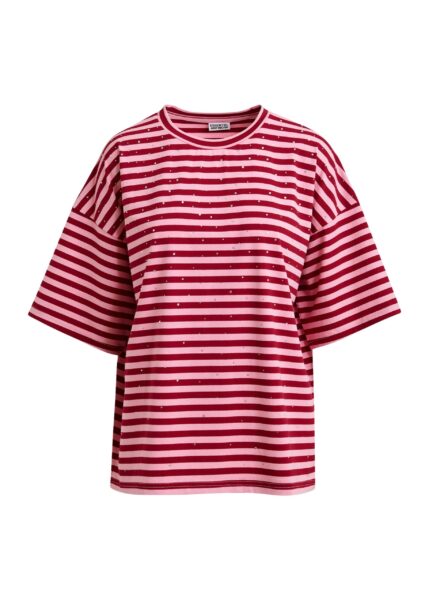 Pink and burgundy striped rhinestone-embellished oversized cotton T-shirt