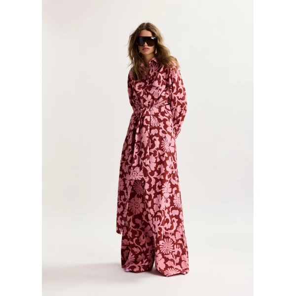 Essentiel Antwerp Pink and dark red cotton shirt dress with faux-sleeve detailing, view 2