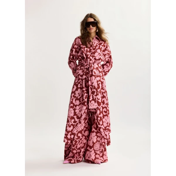 Essentiel Antwerp Pink and dark red cotton shirt dress with faux-sleeve detailing, view 5