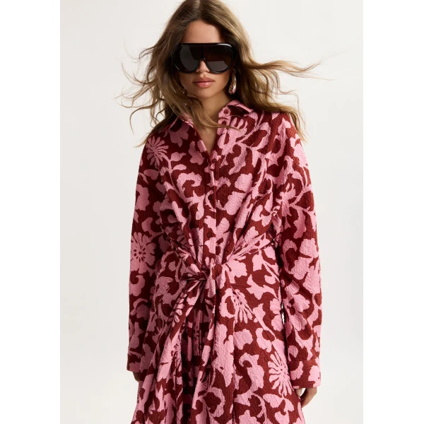 Essentiel Antwerp Pink and dark red cotton shirt dress with faux-sleeve detailing, view 6