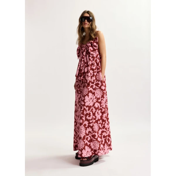 Essentiel Antwerp Pink and dark red floral print babydoll midi dress with bow detail, view 2