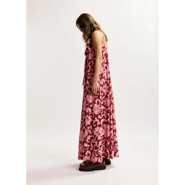 Essentiel Antwerp Pink and dark red floral print babydoll midi dress with bow detail, view 3