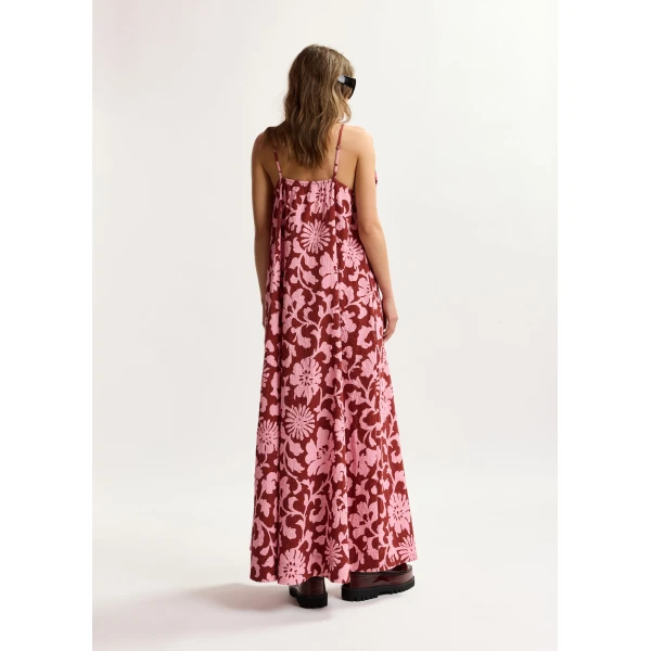 Essentiel Antwerp Pink and dark red floral print babydoll midi dress with bow detail, view 5
