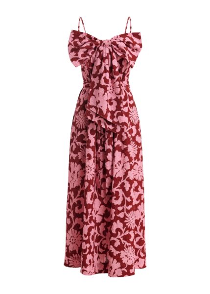 Pink and dark red floral print babydoll midi dress with bow detail