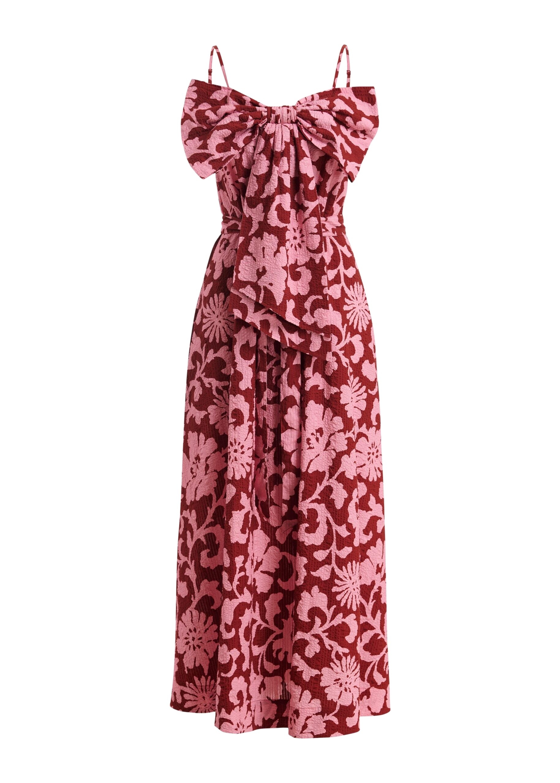 Pink and dark red floral print babydoll midi dress with bow detail