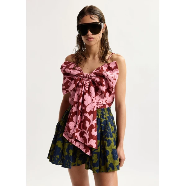 Essentiel Antwerp Pink and dark red floral print cotton top with bow detail, view 2