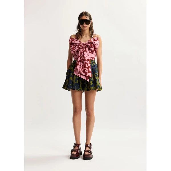 Essentiel Antwerp Pink and dark red floral print cotton top with bow detail, view 3