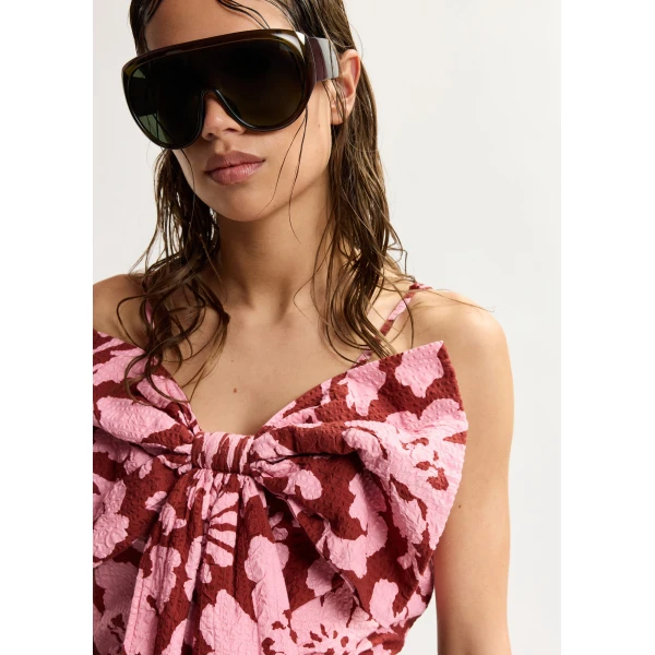 Essentiel Antwerp Pink and dark red floral print cotton top with bow detail, view 4
