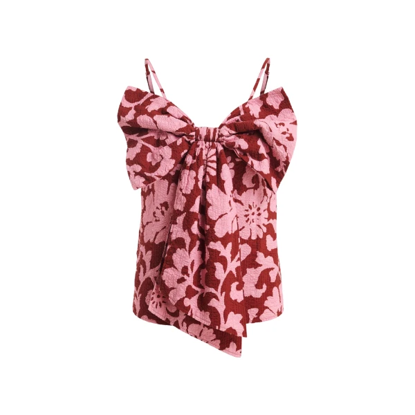 Essentiel Antwerp Pink and dark red floral print cotton top with bow detail