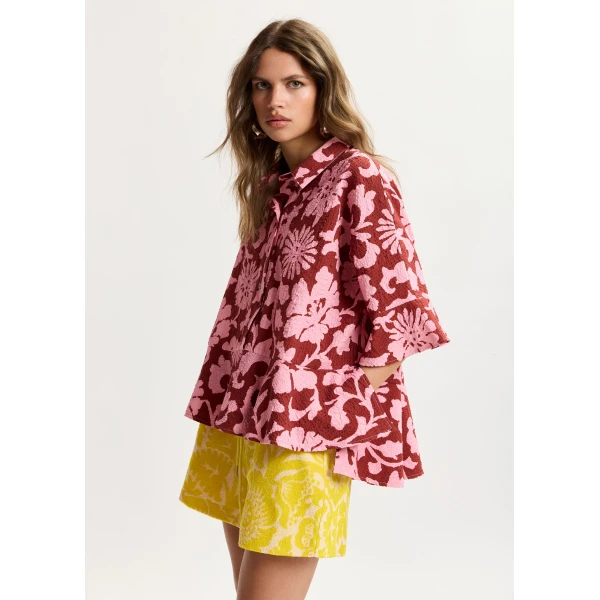Essentiel Antwerp Pink and dark red peplum cotton shirt with contrasting collar, view 2