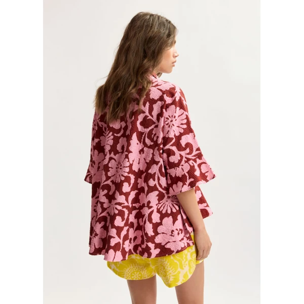 Essentiel Antwerp Pink and dark red peplum cotton shirt with contrasting collar, view 4