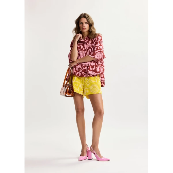 Essentiel Antwerp Pink and dark red peplum cotton shirt with contrasting collar, view 5