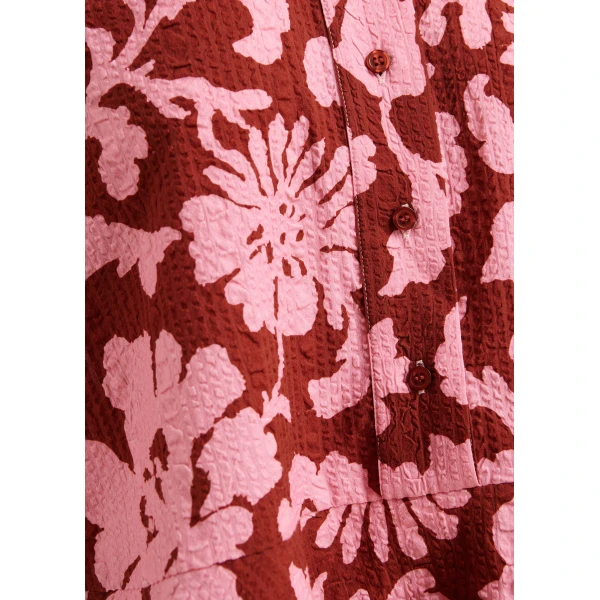 Essentiel Antwerp Pink and dark red peplum cotton shirt with contrasting collar, view 6