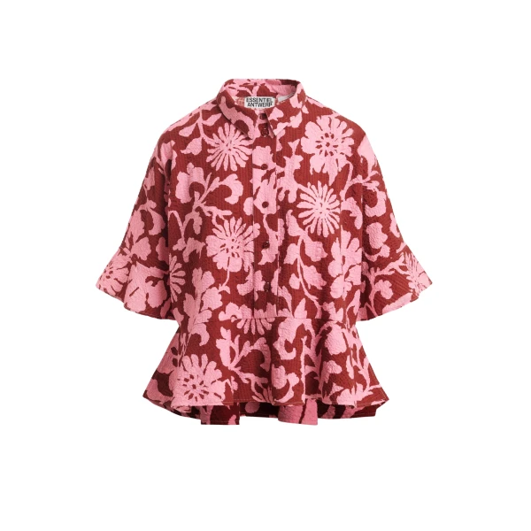 Essentiel Antwerp Pink and dark red peplum cotton shirt with contrasting collar