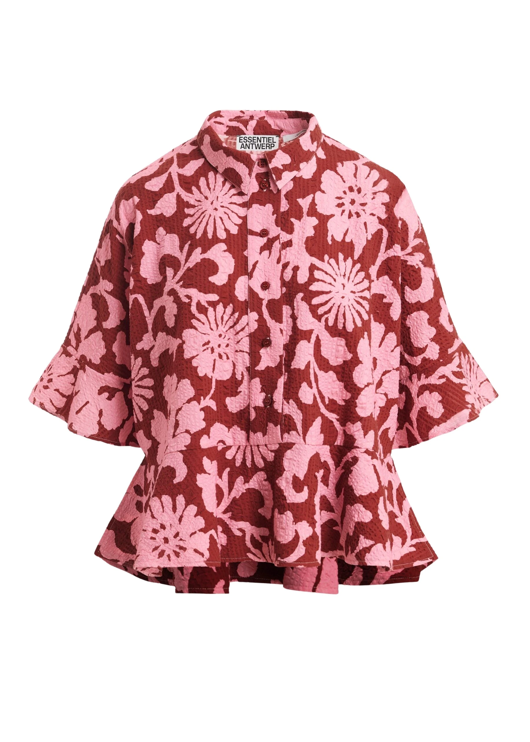 Essentiel Antwerp Pink and dark red peplum cotton shirt with contrasting collar